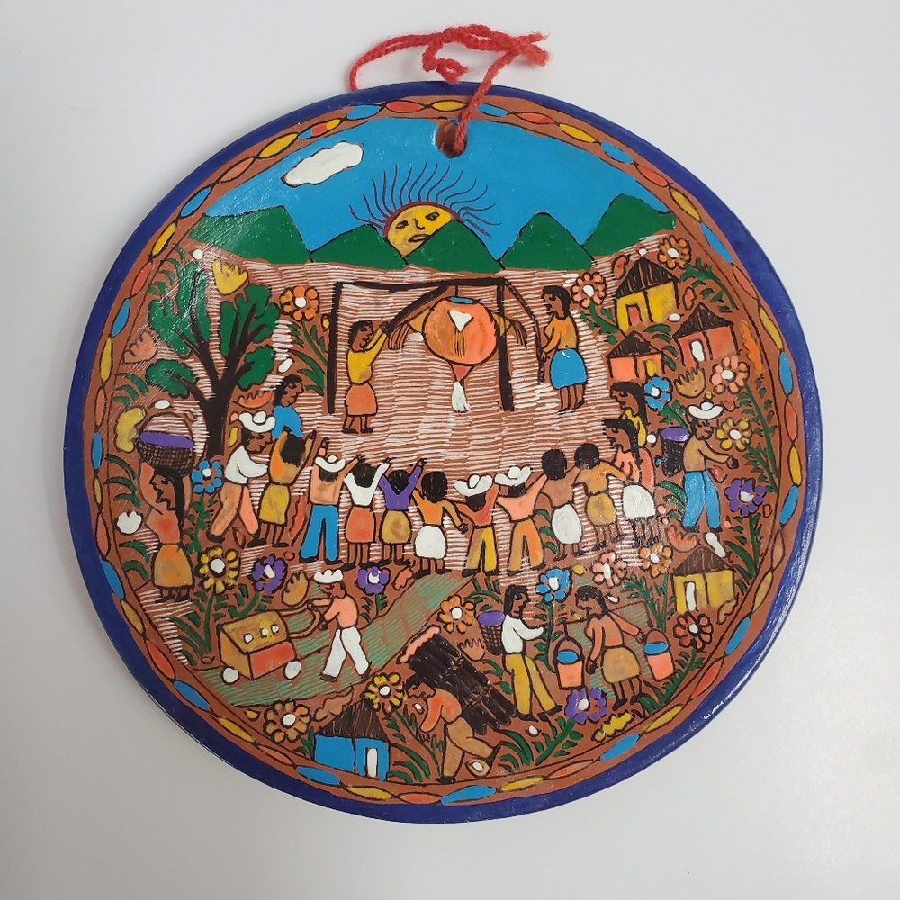 Vintage Mexican Decorative Plate Handpainted Piñata Party Village Scene